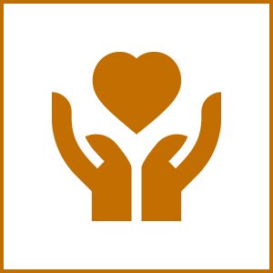 Hands holding heart icon in orange.