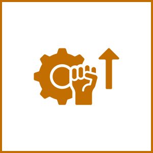 Gear, fist, and arrow symbol in orange.