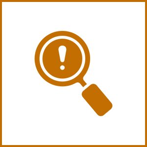 Magnifying glass with exclamation mark icon.