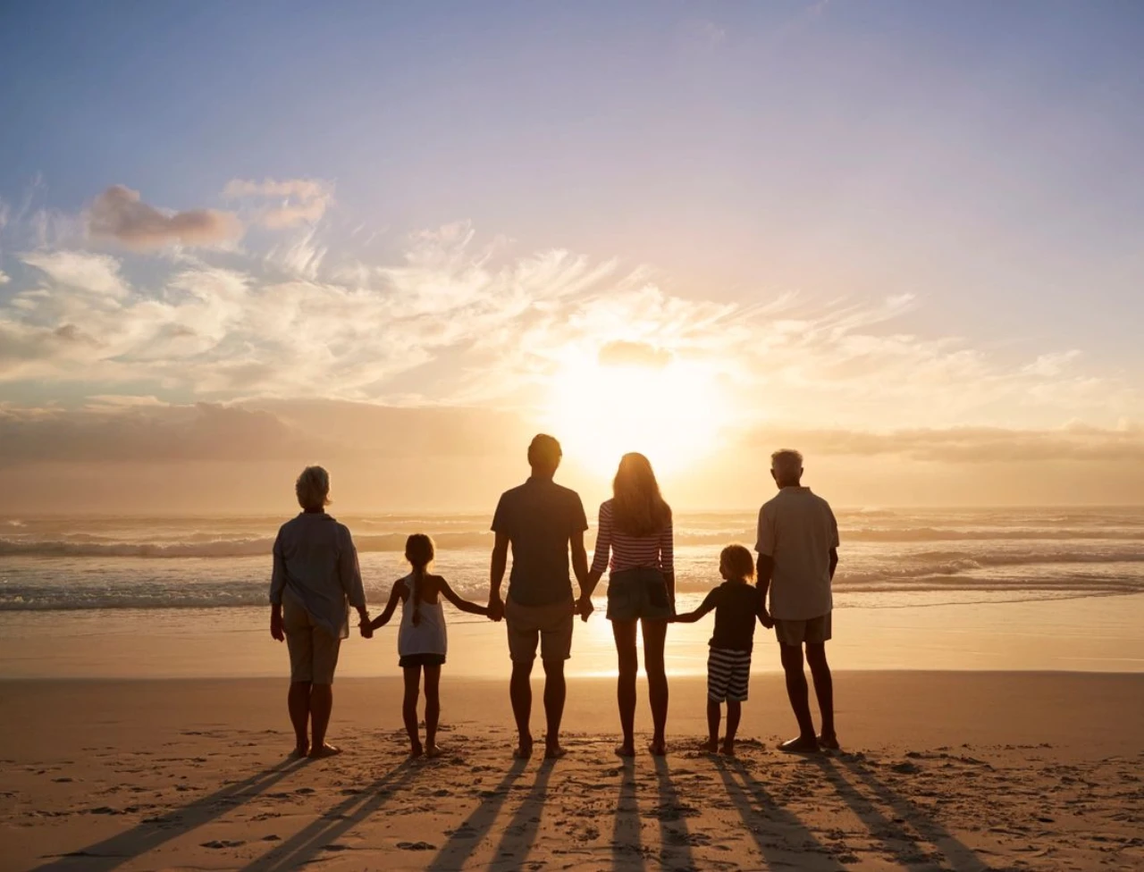 Family holding hands on a beach at sunset.