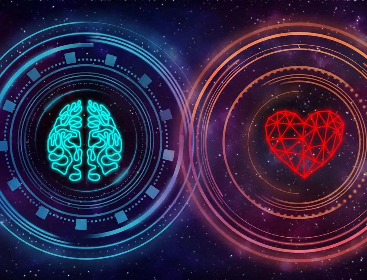 Digital brain and heart icons symbolizing technology and emotion.