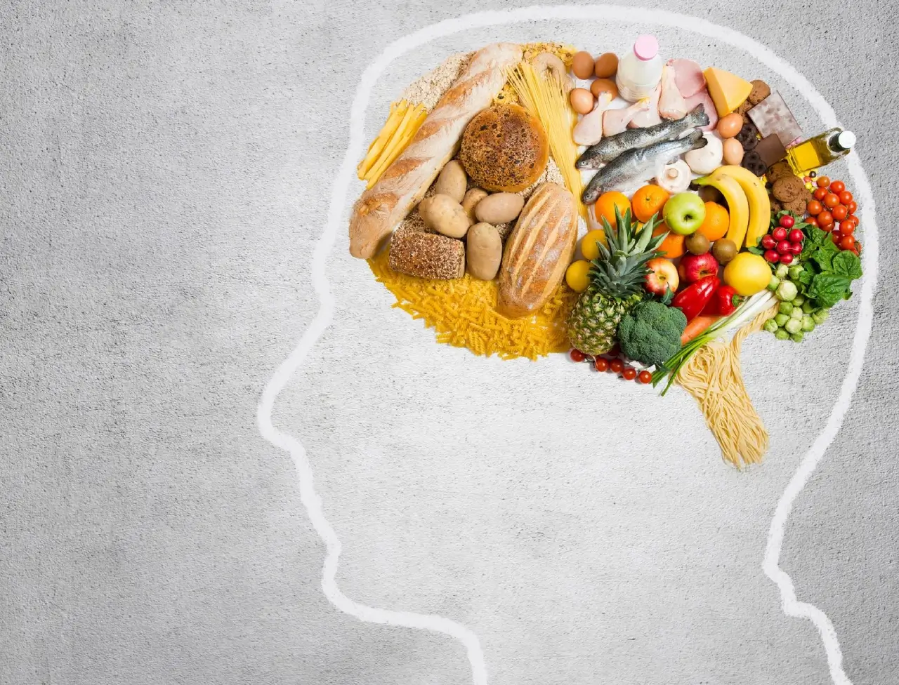 Illustration of a healthy brain made from various nutritious foods.