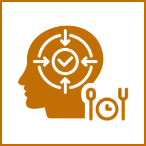 Human head with a target and dining utensils representing mindful eating.