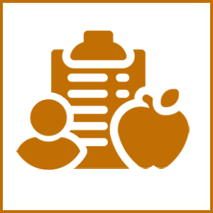 Icon showing a clipboard, user profile, and an apple symbol.