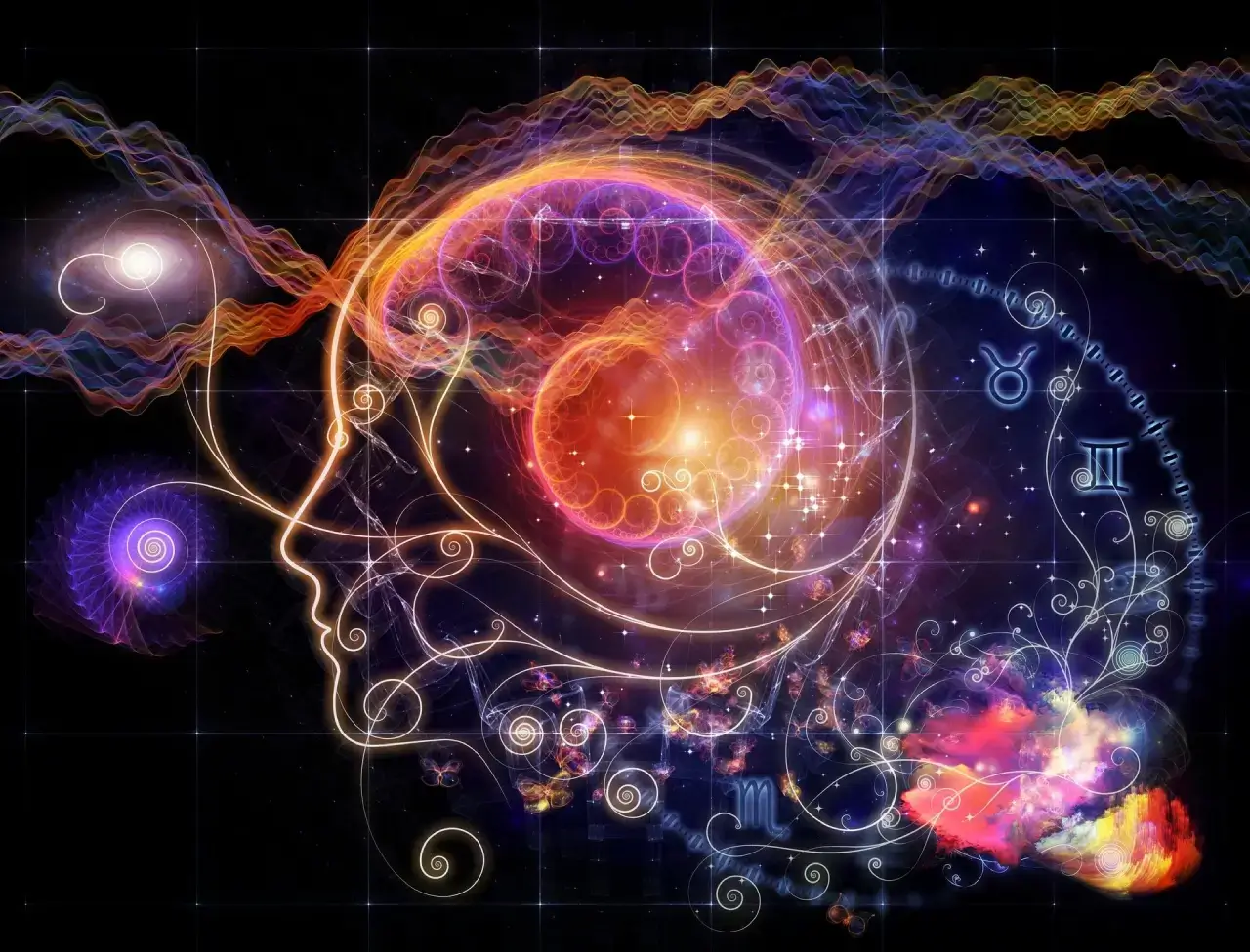 A glowing, abstract human head filled with swirling cosmic and neural patterns.